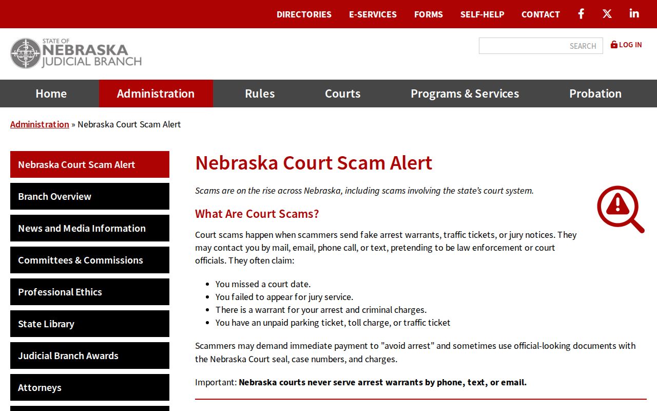 Hamilton County arrest warrant lookup, Nebraska Judicial Branch court scam alert